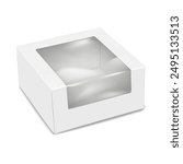 White square paper box with clear plastic window to display product. 3d mockup. Empty paperboard container packaging. Realistic vector mock-up. Cardboard bakery box template