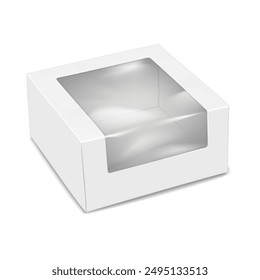 White square paper box with clear plastic window to display product. 3d mockup. Empty paperboard container packaging. Realistic vector mock-up. Cardboard bakery box template