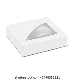 White square paper box with clear plastic window to display product. 3d mockup. Empty paperboard container with transparent lid. Realistic vector mock-up. Confectionery box. Template for design