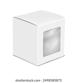 White square paper box with clear plastic window to display product. 3d mockup. Empty cube paperboard container with tuck-in flap. Realistic vector mock-up. Toy packaging. Template for design