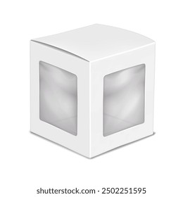 White square paper box with two clear plastic windows to display product. 3d mockup. Empty cube paperboard container with tuck-in flap. Realistic vector mock-up. Toy packaging. Template for design
