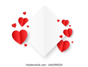 A white square paper cut style surround by red paper heart shape on white background. Concept of love and Valentine's Day.