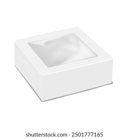 Caja de regalo de papel cuadrado blanco con tapa de ventana de plástico transparente para mostrar el producto. Maqueta 3D. Empaquetado vacío del envase de cartón. Maqueta de Vector realista. Plantilla para el diseño