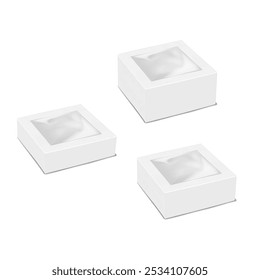 White square paper gift box with clear plastic window. 3d mock-up set. Empty cardboard container packaging with transparent lid to display product. Realistic vector mockup. Template for design