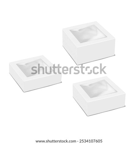 White square paper gift box with clear plastic window. 3d mock-up set. Empty cardboard container packaging with transparent lid to display product. Realistic vector mockup. Template for design