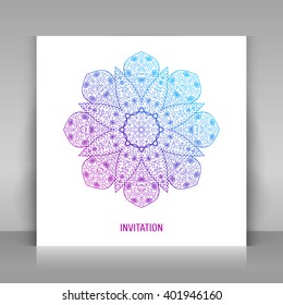 White square paper on gray background. Invitation, greeting card with mandala. Thin line ornament. Vector template.