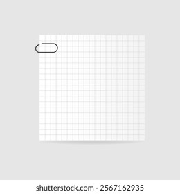 White square paper reminder, sticky note, realistic sticker with in cage,paper clip. Vector illustration on isolated background with shadow