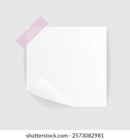 White square paper reminder, sticky note, to do list, realistic sticker with folded edge and color sticky tape. Vector illustration with shadow