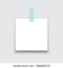 White square paper sticker with scotch and shadow. Isolated vector on white background. Place any text on it.