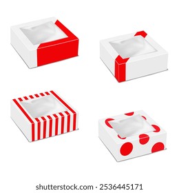 White square paperboard window box with various red color design. 3d mock-up set. Easy editable template. Cardboard container package with clear plastic window. Realistic vector mockup