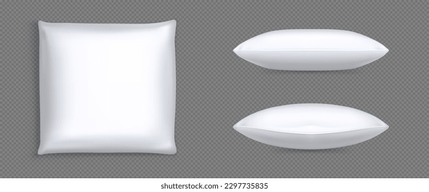 White square pillow realistic vector illustration. Cotton cushion mockup, top side view, set isolated on transparent background, 3D soft blank fabric pad with feather for sleeping