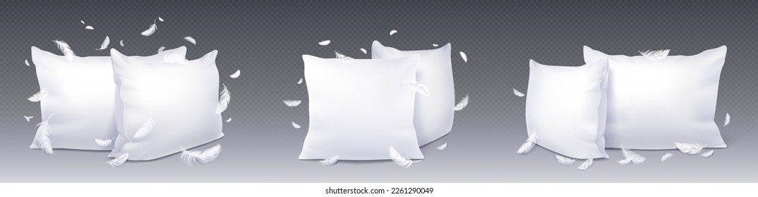 White square pillows and flying feathers realistic vector illustration. Cotton cushion mockup, set isolated on transparent background, 3D soft blank fabric pad with goose feathers for sleeping