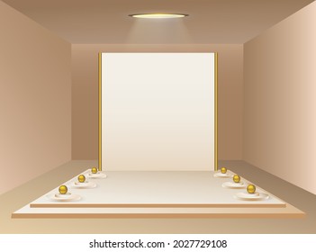 White square podium against wall surrounded by gold balls on round platforms in a room with pastel beige walls and a lamp on the ceiling. Vector drawing. 