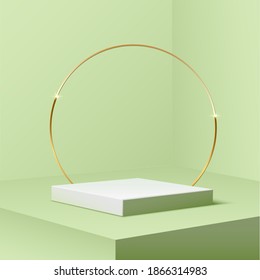 White square podium with golden ring standing on green pastel background. 3d pedestal for product vector illustration. Gold stage with circle glowing in sparkles. Abstract realistic decoration.