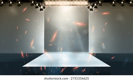 Pódio quadrado branco com luz sobre ele. O pódio está vazio com faíscas de fogo ao redor. Não há objetos, pódio vazio para a apresentação do produto