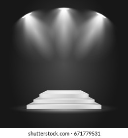 White square podium on dark background. Empty pedestal for award ceremony. Platform illuminated by spotlights. Vector illustration.
