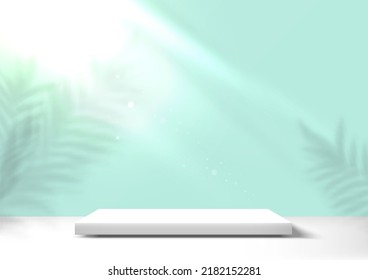 Podio cuadrado blanco con fondo verde suave de verano. Avanzar en la pantalla del producto, mostrar. Resumen de fondo con sombra de planta tropical y luz solar. Plataforma cosmética.Ilustración vectorial.