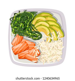 White square poke bowl with salmon, avocado, rice and sea kale on a white background. Trend Hawaiian food. Vector illustration of healthy food.