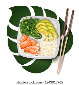 White square poke bowl with salmon, avocado, rice and sea kale on a tropical leaf on a white background with chopsticks. Trend Hawaiian food. Vector illustration of healthy food.