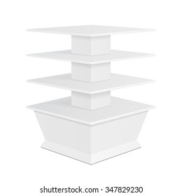 White Square POS POI Cardboard Floor Display Rack For Supermarket Blank Empty Displays With Shelves Products On White Background Isolated. Ready For Your Design. Product Packing. Vector EPS10