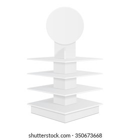 White Square POS POI Cardboard Floor Display Rack For Supermarket Blank Empty Displays With Shelves Products On White Background Isolated. Ready For Your Design. Product Packing. Vector EPS10