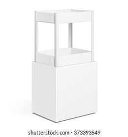 White Square POS POI Cardboard Floor Display Rack For Supermarket Blank Empty Displays With Shelves Products 3D On White Background Isolated. Ready For Your Design. Product Packing. Vector EPS10