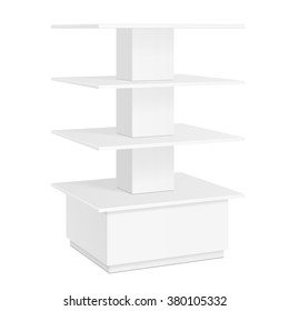 White Square POS POI Cardboard Floor Display Rack For Supermarket Blank Empty Displays With Shelves Products Mock Up On White Background Isolated. Ready For Your Design. Product Packing. Vector EPS10