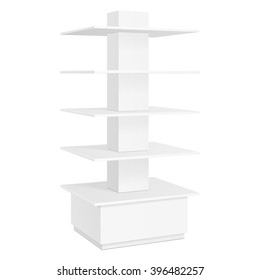 White Square POS POI Cardboard Floor Display Rack For Supermarket Blank Empty Displays With Shelves Products Mock Up On White Background Isolated. Ready For Your Design. Product Packing. Vector EPS10