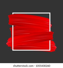 White square with red paint brush strokes on grey background. Vector illustration.