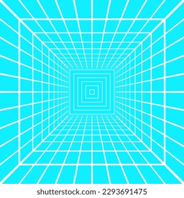 White square room wireframe in perspective on blue background. Hallway, studio, portal or box grid structure. Engineering, architecting or technical isometric scheme. Vector illustration