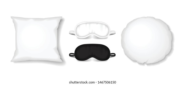 White square and round pillows with eye sleep mask set. Vector realistic sleep accessories for your design