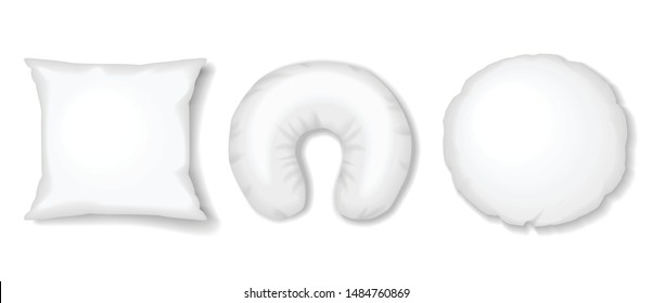 White square, round and travel pillows. Vector realistic sleep accessories mock up for your design