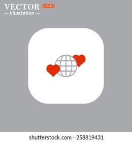 White square with rounded corners on a gray background.  Icon planet and two red hearts. Symbol of love between the nation. Globe.  vector illustration, EPS 10 