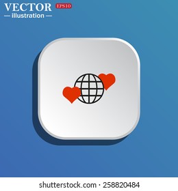 White square with rounded corners on a blue background with shadow.  Icon planet and two red hearts. Symbol of love between the nation. Globe.  vector illustration, EPS 10 