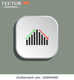 White square with rounded corners on a green background with shadow.  Icon chart with arrows, vector illustration, EPS 10