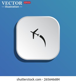 White square with rounded corners on a blue background with shadow.  The plane takes off. Icon plane. Vector illustration, EPS 10