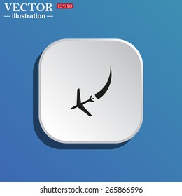 White square with rounded corners on a blue background with shadow.  icon plane. The plane is landing , vector illustration, EPS 10