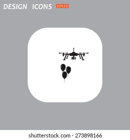 White square with rounded corners on a gray background.  Aerial photography. Festive balloons. Quadrocopter. icon. vector design