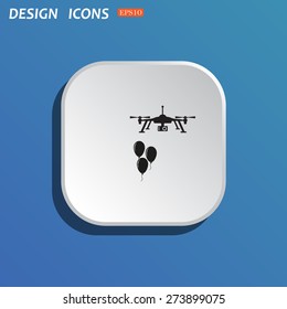 White square with rounded corners on a blue background with shadow.  Aerial photography. Festive balloons. Quadrocopter. icon. vector design