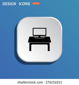 White square with rounded corners on a blue background with shadow. Computer desk, workplace. icon. vector design