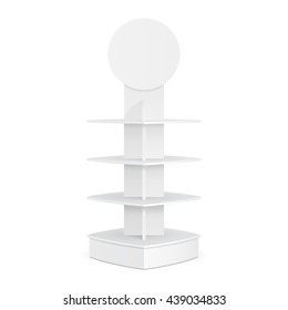 White Square Rounded POS POI Cardboard Floor Display Rack For Supermarket Blank Empty Displays, Banner. Mock Up On White Background Isolated. Ready For Your Design. Product Presentation. Vector EPS10