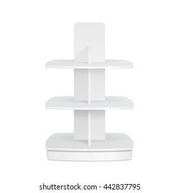 White Square Rounded POS POI Cardboard Floor Display Rack For Supermarket Blank Empty Displays. Products Mock Up On White Background Isolated. Ready For Your Design. Product Advertising. Vector EPS10