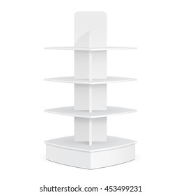 White Square Rounded POS POI Cardboard Floor Display Rack For Supermarket Blank Empty Displays. Products Mock Up On White Background Isolated. Ready For Your Design. Product Advertising. Vector EPS10