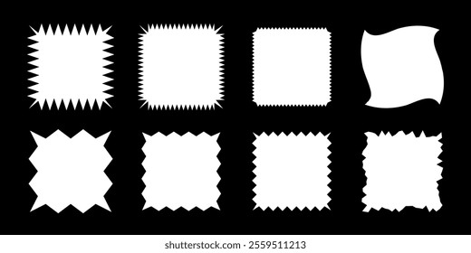 White square shapes with jagged borders. Frames with zigzag, sharp, corrugated and curved edges. Vector illustration set isolated on black for stickers, tags, labels, stamps, badges.