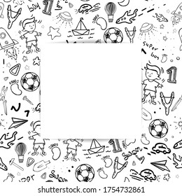 White square sheet of paper. Children's template for stickers, photos, elements, notes, lists, etc. Cartoon boy, stars, lettering, rocket, slingshot, toys. Black and white vector illustration. 