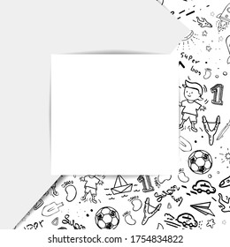 White square sheet of paper. Children's template for stickers, photos, elements, notes, lists, etc. Cartoon boy, stars, lettering, rocket, slingshot, toys. Black and white vector illustration.