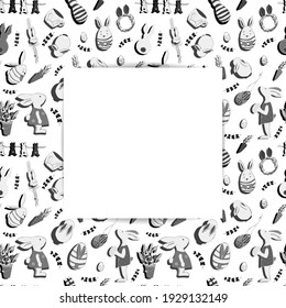 White square sheet of paper. Template for stickers, photos, items, notes, lists, etc. Cartoon Easter bunnies, carrots, eggs, decoration elements for Easter. Black and white vector illustration.