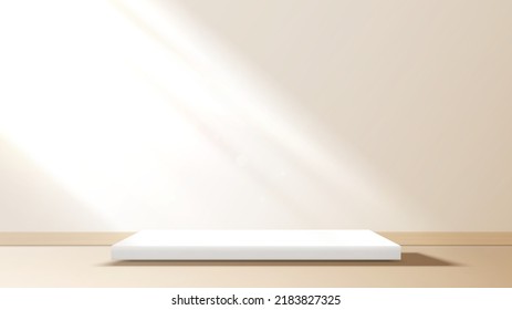 White square stage podium for product display, advertising, show, placed in room interior at clean with window shadow and sunlight backdrop. Vector illustration. - Shutterstock ID 2183827325