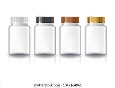 White square supplements, medicine bottle 4 colors groove lid for beauty or healthy product. Isolated on white background with reflection shadow. Ready to use for package design. Vector illustration.
