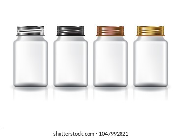 White square supplements, medicine bottle 4 colors screw lid for beauty or healthy product. Isolated on white background with reflection shadow. Ready to use for package design. Vector illustration.